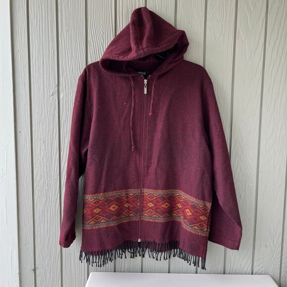 CECIL Burgundy Hooded Fringe Jacket Southwestern Geometric Boho M - Picture 1 of 10